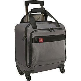 a grey suitcase with black handles