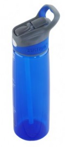 a blue water bottle with a grey lid