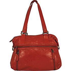a red purse with zippers