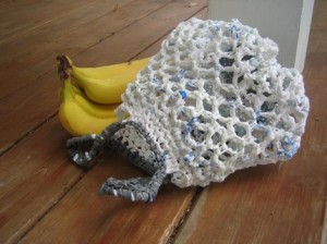 a string bag next to bananas
