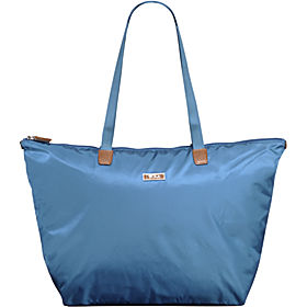 a blue bag with brown handles