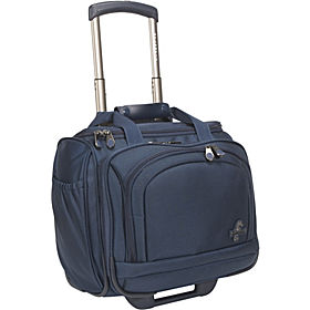 a blue rolling suitcase with handle