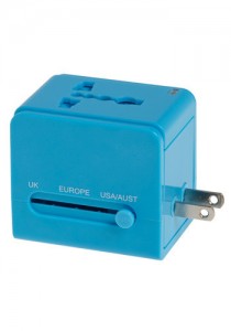 a blue adapter with a button