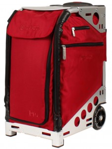 a red and silver luggage bag