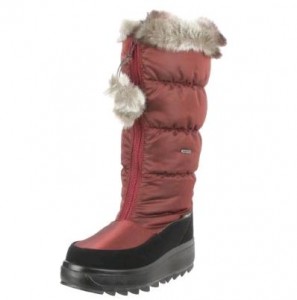 a red boot with fur trim
