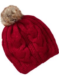 a red knit hat with a pom