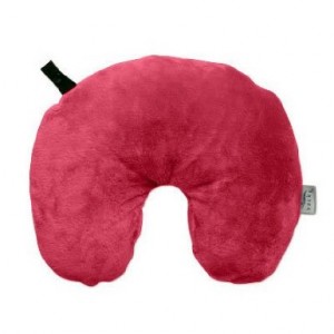 a red neck pillow with a black strap