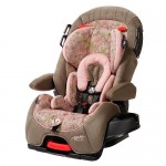 a baby car seat with a pink flower pattern