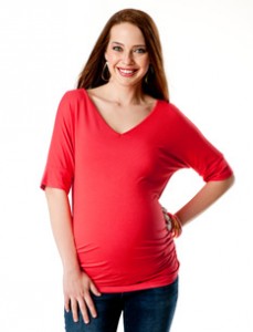 a woman in a red shirt