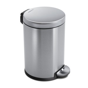 a silver trash can with a black handle