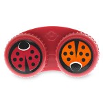 a red plastic container with two circles with ladybugs on it