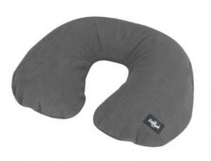 a grey neck pillow with a logo
