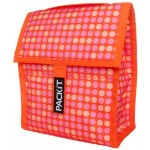 a pink and orange polka dot lunch bag