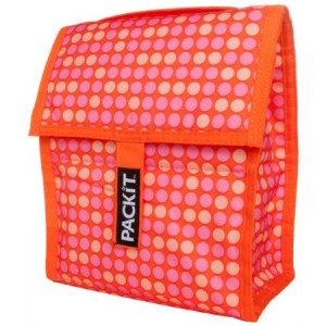 a pink and orange polka dot lunch bag