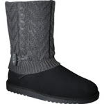 a black boot with a knit sock