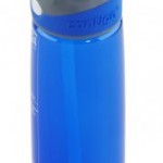 a blue water bottle with a grey lid