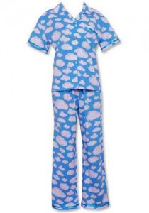 a blue pajamas with white clouds on it