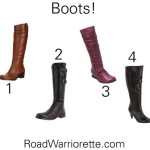 several different colored boots