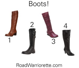 several different colored boots