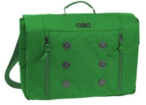 a green messenger bag with buttons