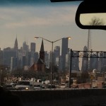 a view of a city from a car window