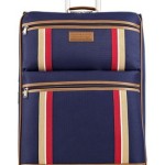 a blue suitcase with red and white stripes