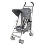 a grey stroller with a white background