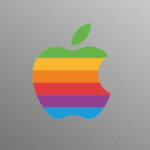 a colorful apple logo on a grey background