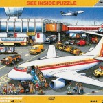 a puzzle with a plane and trucks