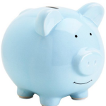 a blue piggy bank with a smiling face