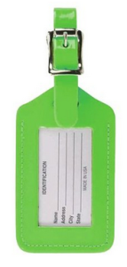 a green luggage tag with a white label