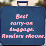 a blue suitcase with pink writing