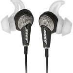 a pair of black and white earbuds