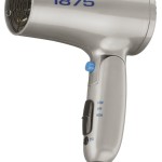 a silver hair dryer with blue text