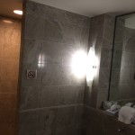 a bathroom with a mirror and a tile wall