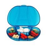 a blue pill box with different pills in it