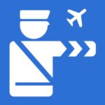 a blue sign with a person pointing at an airplane