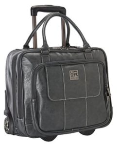a black leather suitcase with handle