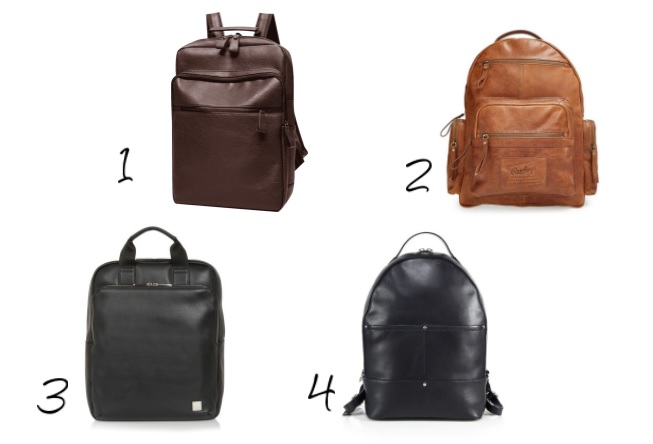 a group of leather backpacks