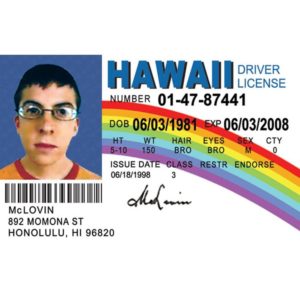 a man's id card with a rainbow and text