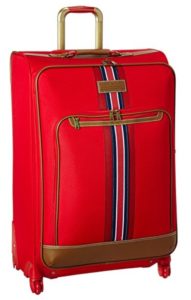 a red suitcase with a white stripe