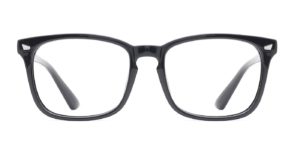 a black framed glasses with clear lenses