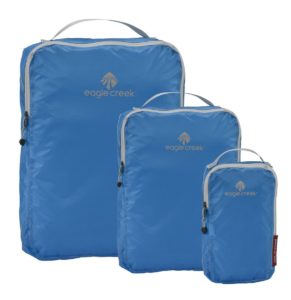 several blue bags with zippers