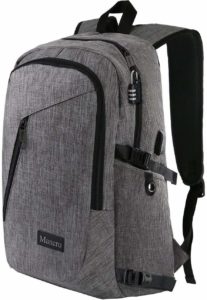a grey backpack with a black strap