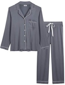 a grey pajamas with white trim